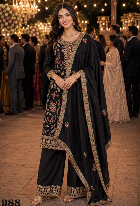 Black Chinon Palazzo Salwar Suit with Embroidered and Sequins Work